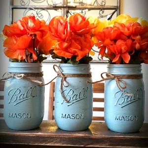 3 Sage Rustic Mason Jar Vases w/ Floral